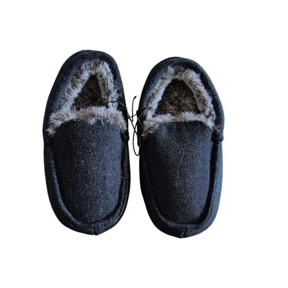 Cat & Jack Boys Slippers‎ Moccasins Dark Gray Faux Fur Lined Indoor Shoes